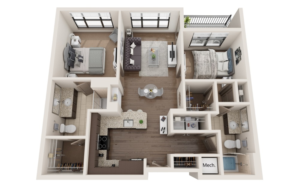 B1 HAMPDEN - 2 bedroom floorplan layout with 2 bathrooms and 1126 square feet