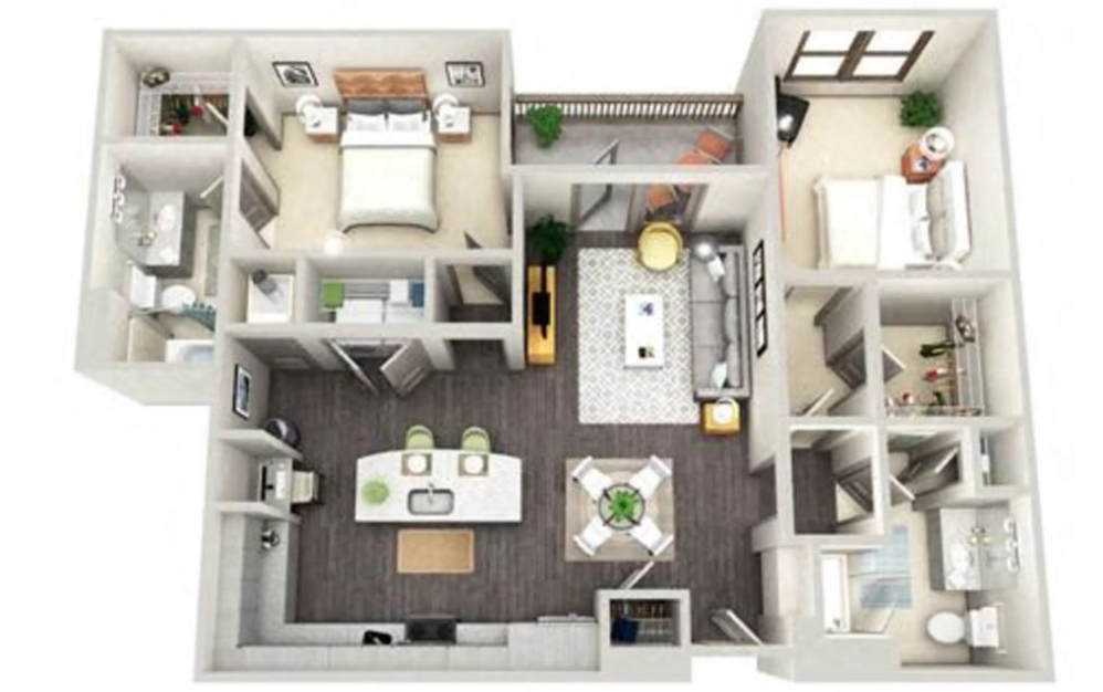 B2 LORING - 2 bedroom floorplan layout with 2 baths and 1200 square feet.