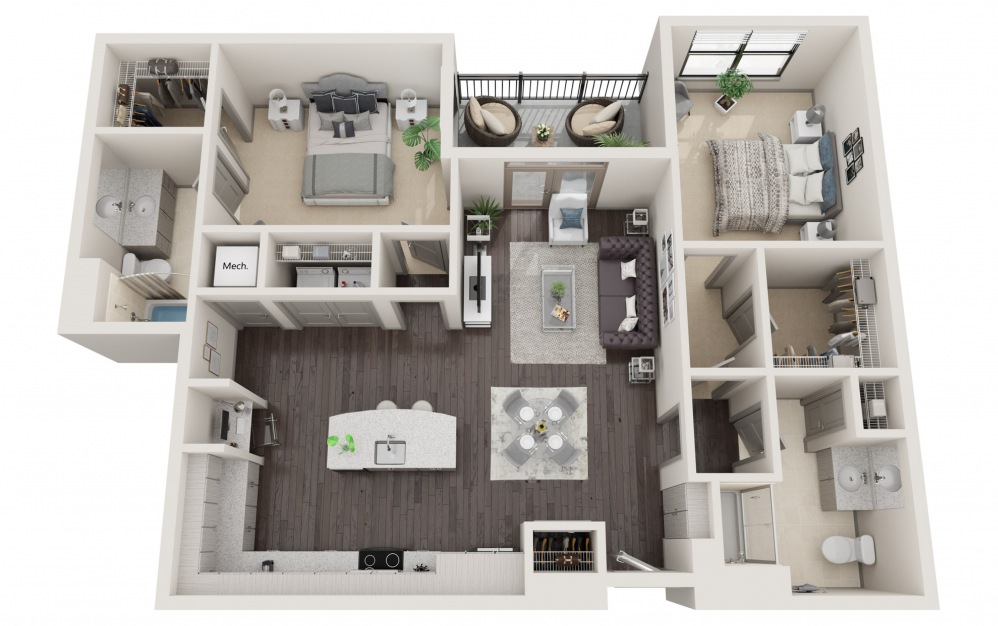 B2 LORING - 2 bedroom floorplan layout with 2 baths and 1200 square feet.