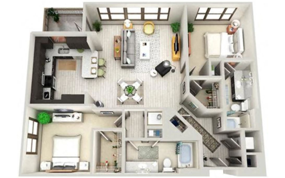 B3 MIDTOWN - 2 bedroom floorplan layout with 2 baths and 1275 square feet.