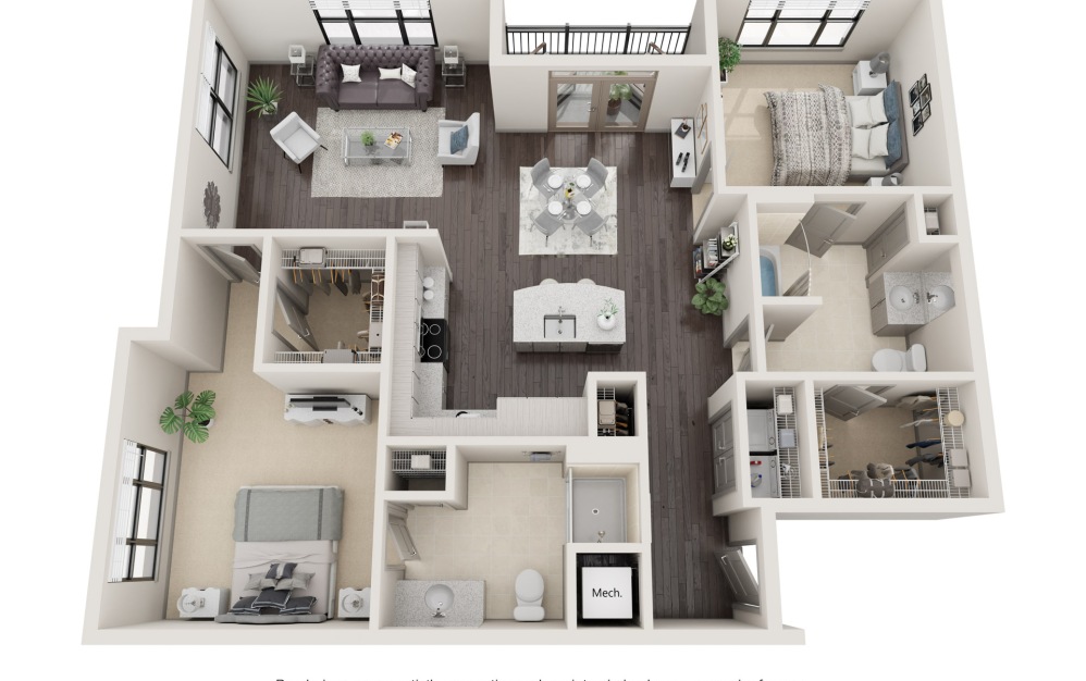 B3 MIDTOWN - 2 bedroom floorplan layout with 2 bathrooms and 1275 square feet