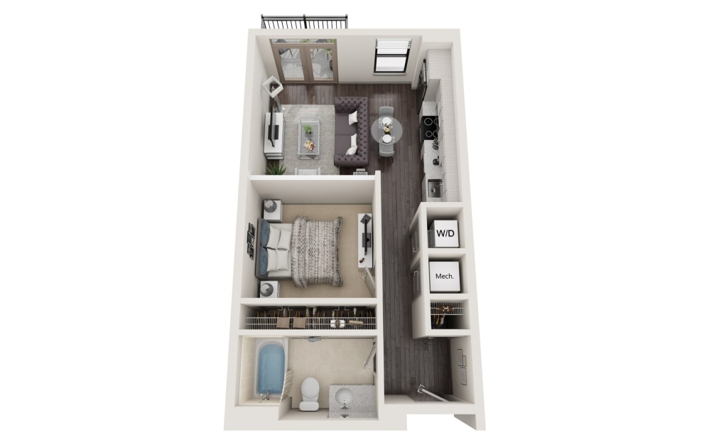 S1 H STREET - Studio floorplan layout with 1 bathroom and 571 - 598 square feet