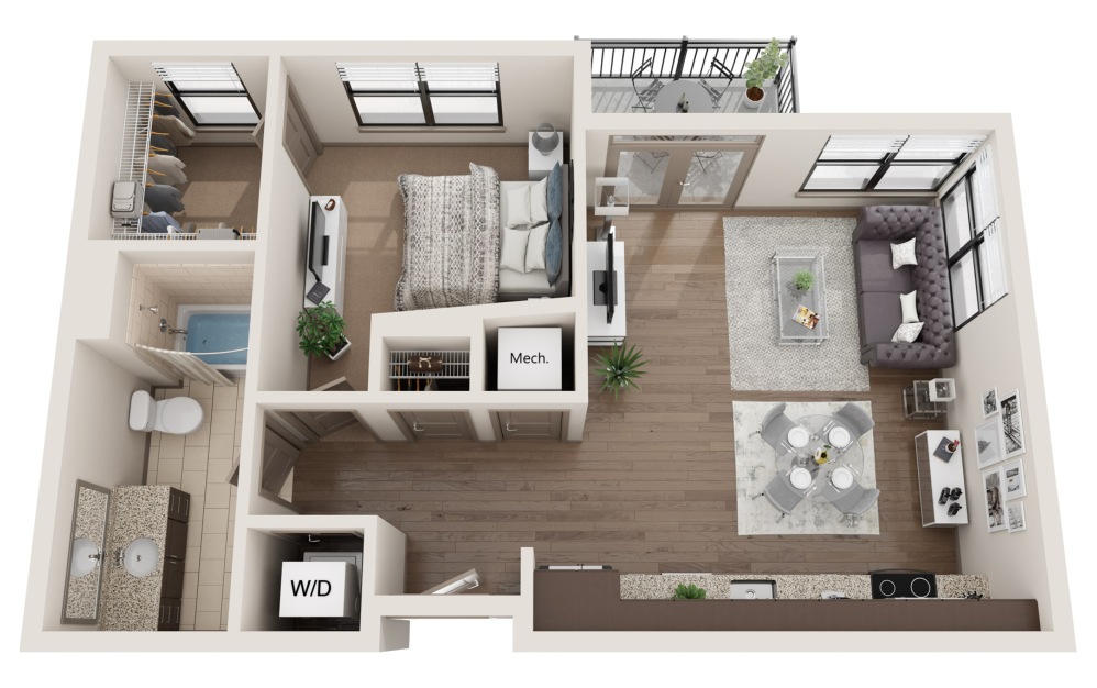 A2 UPTOWN - 1 bedroom floorplan layout with 1 bathroom and 616 square feet